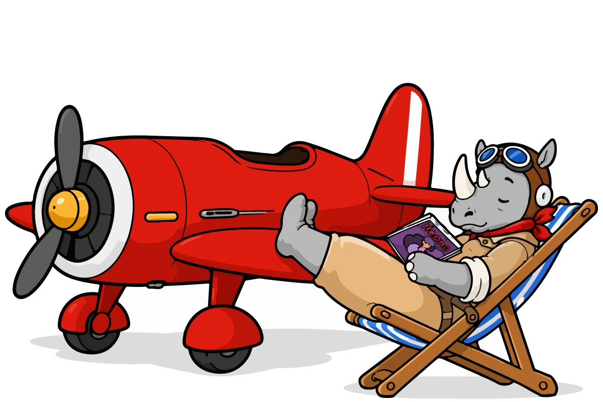 R4L rhino resting beside a red airplane